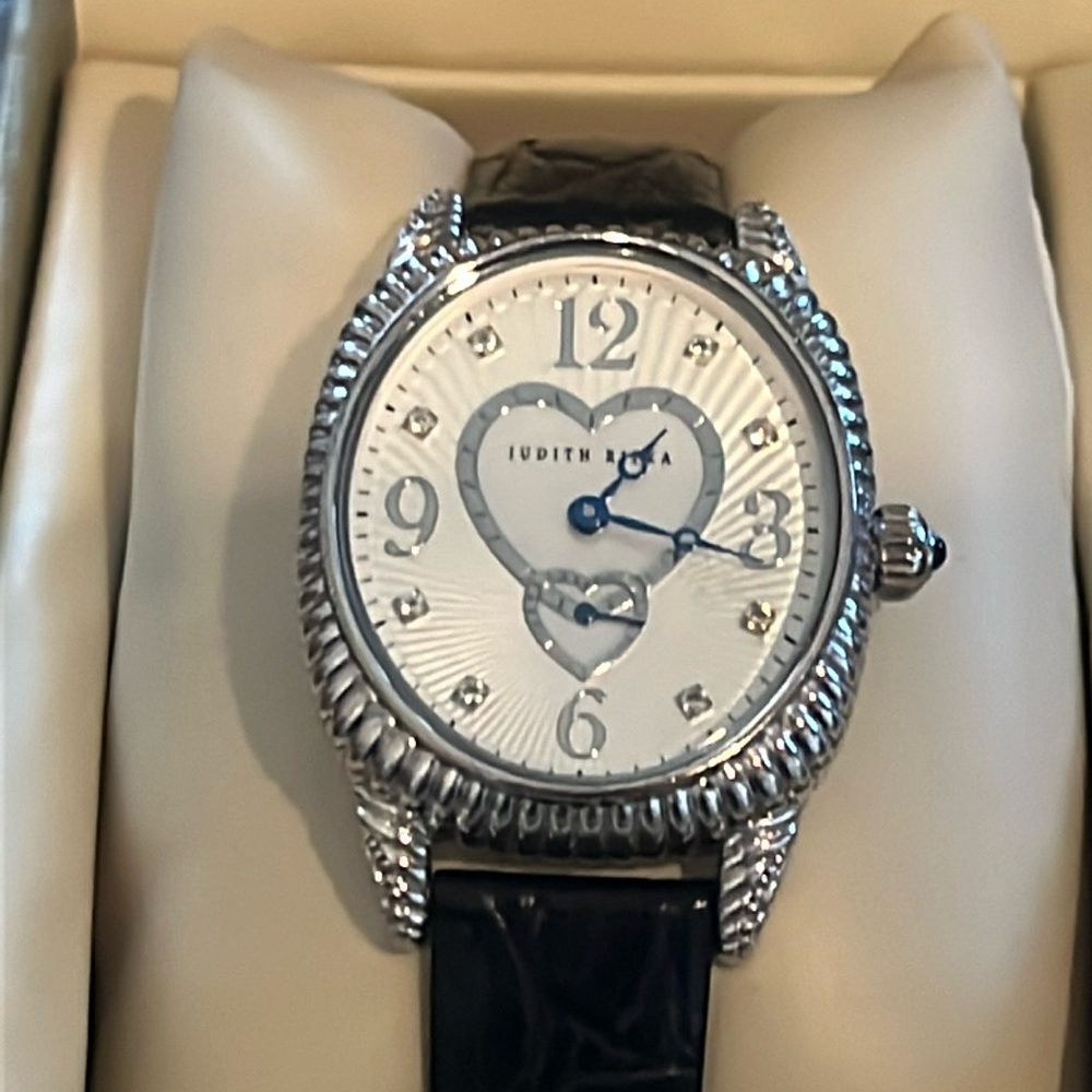 Judith Ripka Watch - Sterling Silver Case Black Leather Band
